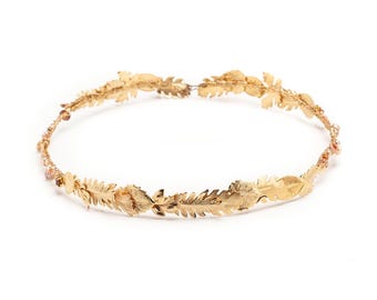 Gold Leaf and Crystal Laurel Wreath: Handmade Bridal Fairy Halo