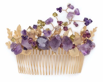 Amethyst Gemstone Comb • Boho Gold Leaf Purple Rustic Hair Headpiece • Enchanting mystical crown • Customizable healing quartz stone crystal