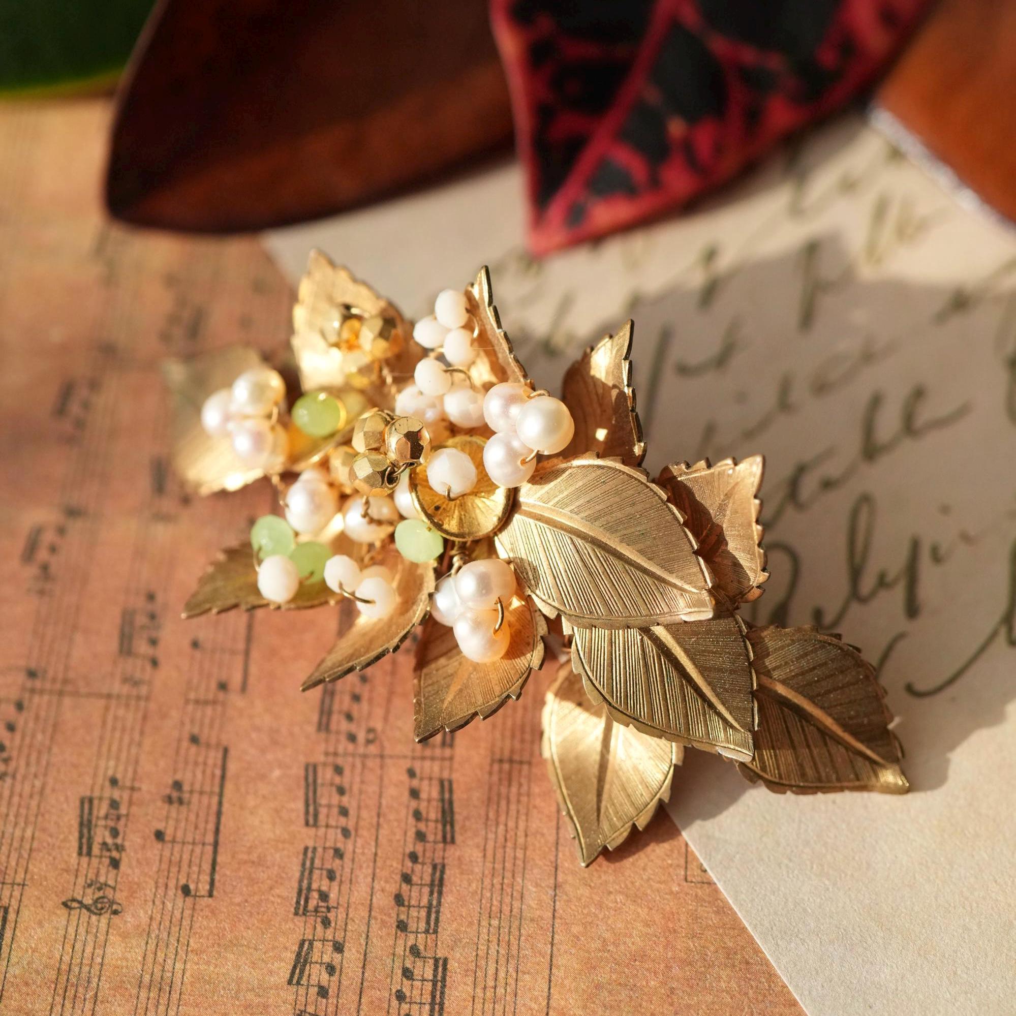 Vintage Gold Leaf Barrette: Pink Pearl & Crystal Hair Clip  display picture 1