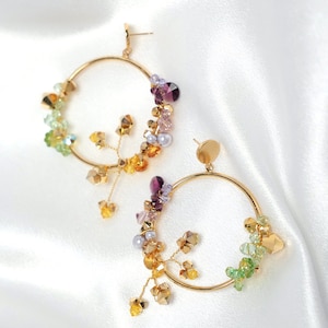 Handmade Rainbow Swarovski Crystal Hoop Earrings: 24K Gold Plated