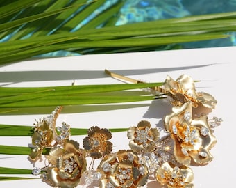 Gold Blossom Crown: Swarovski Crystal Floral Headband