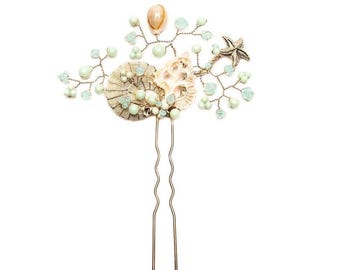 Seashell Starfish Gold Hair Pin: Bridal Coastal Headpiece