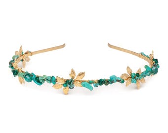Turquoise Gemstone Headband • Gold leaves handmade rustic blue green headpiece • Coastal quartz bridal shimmering emerald bohemian crown