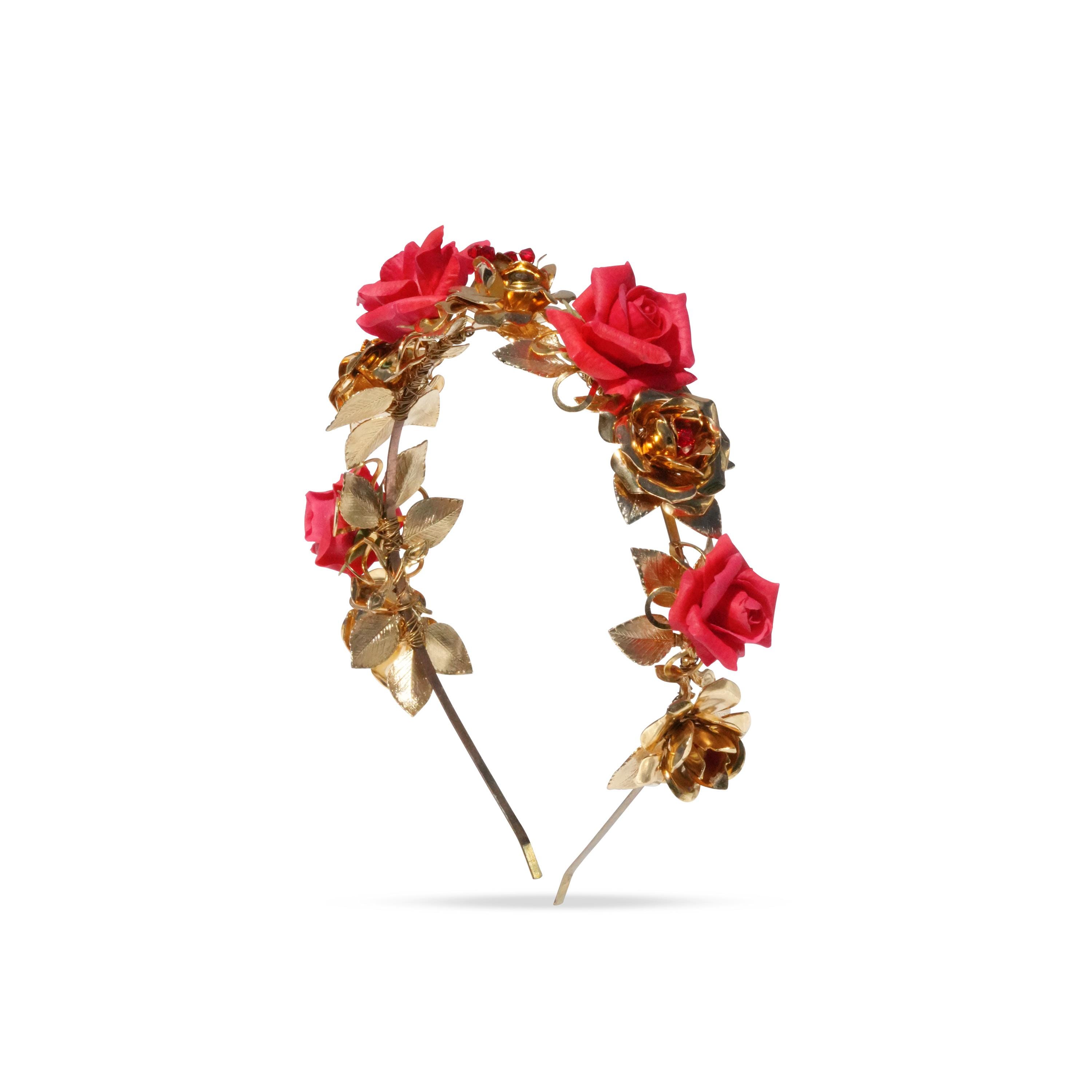 Gold Floral Red Rose Crystal Crown Headband Red Rose Headband: Gold Leaf Porcelain Flower, Swarovski  main image 4