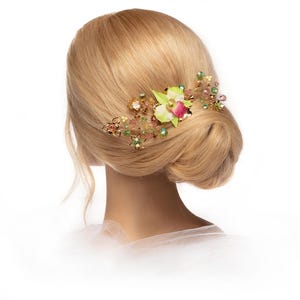 Orchid Comb • Bohemian Bridal Floral Headpiece • Gold Crown Garden Spring Hair Accessory • Pink Green flower • Wedding Unique Fairy Festive
