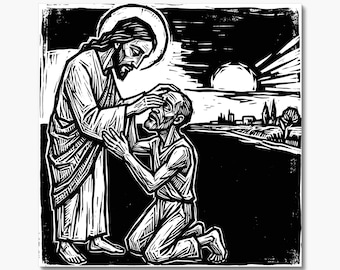 Jesus Healing a Blind Man, Relief Print 6x6 inch, Bible Story Artwork