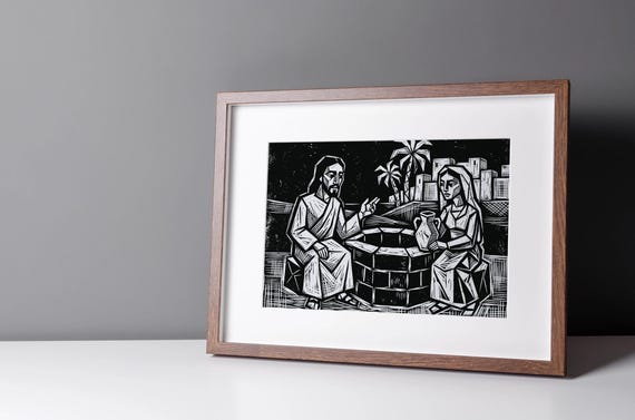 Jesus Art Relief Print, Expressionist Bible Scene, John Chapter 4, Hand-Carved Linocut