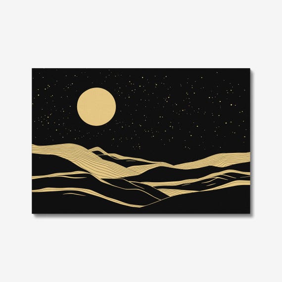 Nighttime Illustration, Golden Moon Over Desert Hills, Minimalist Starry Night Art