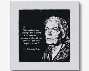 Retrato de Dorothy Day y cita sobre la Iglesia, impresión en relieve de 15 x 15 cm.