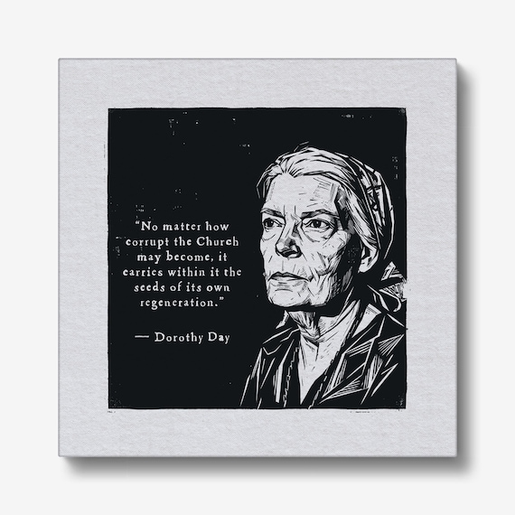 Dorothy Day Portrait and Quote About the Church, 6x6 inch Relief Print