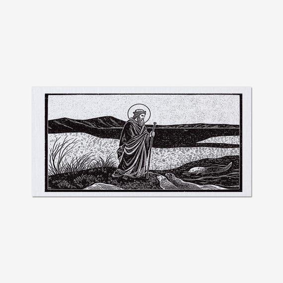 Saint Cuthbert and the Otters | Hand-Pulled Relief Print on a Vintage 1870's Galley Press