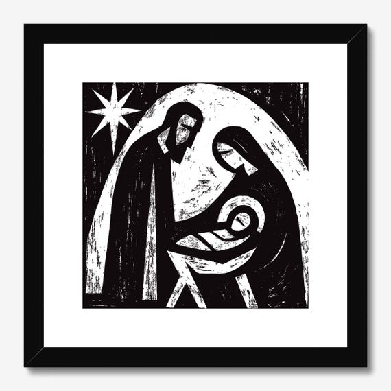 Nativity Scene - Small, Jesus Birth Relief Print, Minimalist Holy Family Christmas Wall Art