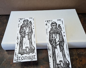 Bookmark set, religious art bookmarks, Saint Cuthbert relief print, vintage style, Catholic gift