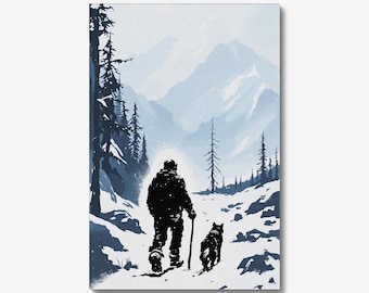 Man Dog Canvas Wall Art, Snowy Yukon Sled Dog Print on Poly-Cotton Blend, 7 Sizes