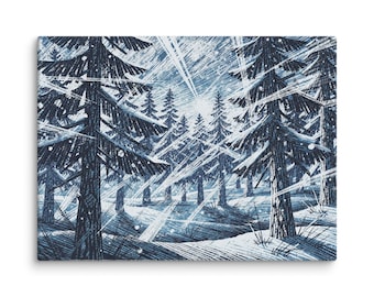 Rayonism Winter Forest Canvas, Indigo Blue Pine Trees, Snow Storm Print (3 Sizes)