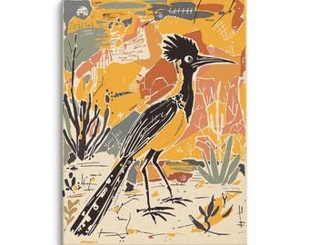 May include: A rectangular wall art print featuring a stylized roadrunner bird in black ink against a desert landscape background. The scene uses a warm color palette of mustard yellow, burnt orange, and cream, with cacti and abstract shapes.
