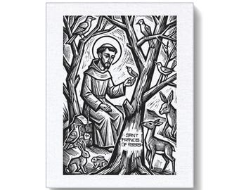 Saint Francis of Assisi Block Relief Print, 5x7 Inches, Black Ink Woodcut Style