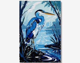 Blue Heron Wall Art, Wildlife Nature Decor, Bird Watcher Gift, Serene Lake Scene