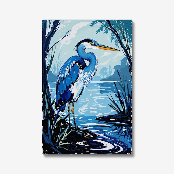 Blauer Reiher-Wand-Kunst, wild lebende Tiere, Naturdekor, Vogel-Beobachtergeschenk, ruhige Seeszene