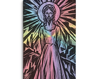 May include: A rectangular wall art print featuring a stylized woodcut-style illustration of a figure with a beard and a halo. The design uses a vibrant rainbow gradient overlay against a black background, creating sharp, angular light rays.