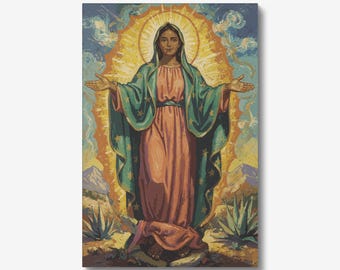 Our Lady of Guadalupe Art Print – Expressionist, Indigenous Aztec Symbolism, Mexican Folk Home Decor