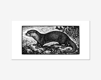 Otter Print, Black and White Wildlife Wall Art, 5x10 Inches on 100lb Printmaking Paper