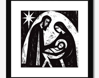 Small Nativity Print, 4x4 Black Ink Relief Holy Family Wall Art with Frame Option