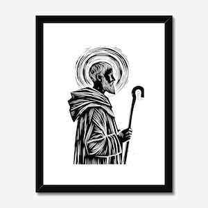 Saint Francis Linocut Print: Minimalist Christian Icon, Spiritual Wall Art
