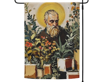 St. Fiacre Garden Flag: Patron Saint of Gardeners Print, 12x17 inch All-weather polyester