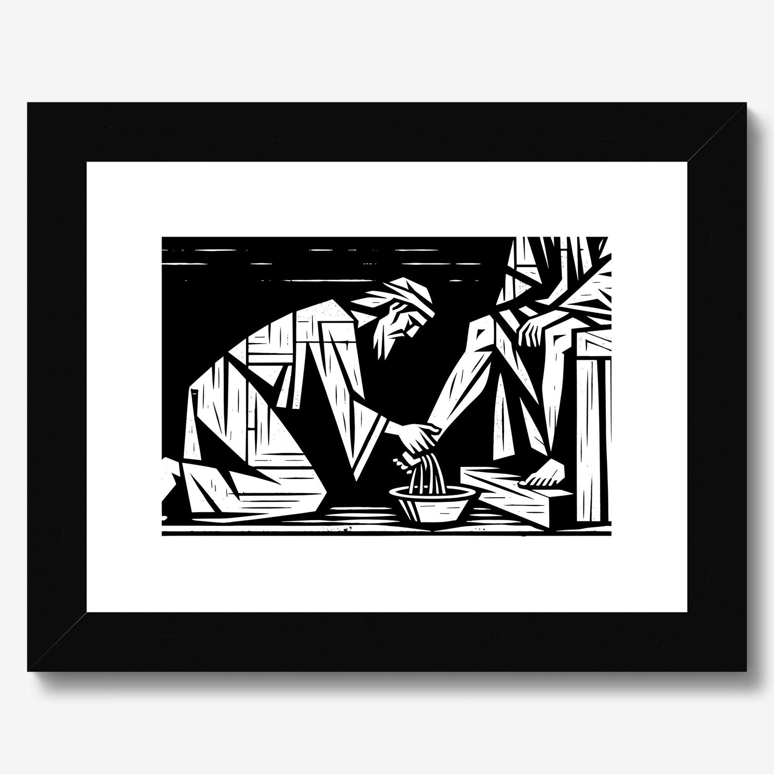Linocut Jesus Holy Week Linocut: Jesus Washing Feet - Handmade Religious Art Print ...