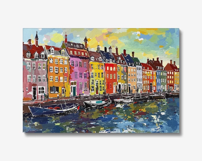 Featured listing image: Copenhagen Nyhavn Art Print, Scandinavian Cityscape, Modern Canvas or Giclee, Nordic Decor