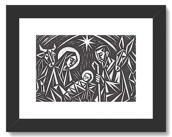 Nativity Scene Linocut Relief Print, 5x7 Black Ink Holy Family Wall Art