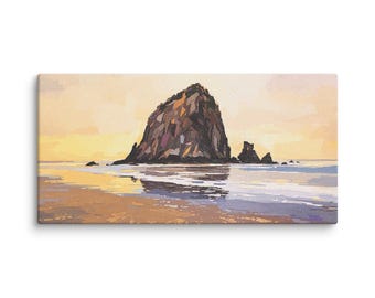 Haystack Rock Artwork, Oregon Coastline Seascape Expressionist Stretched Canvas Ready to Hang