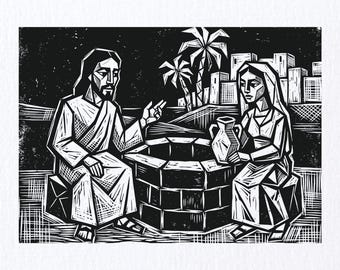 Jesus Art Relief Print, Expressionist Bible Scene, 5x7 inches