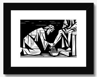 Linocut Religious Art Print | Jesus Washing Feet, 5x7 Black Ink Holy Week Relief