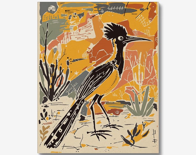 Featured listing image: Roadrunner Wall Art Print - Stoic New Mexico State Bird, Southwest Desert Wildlife Expressionist Decor
