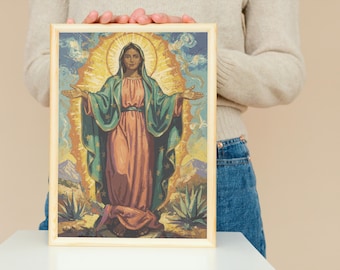 Our Lady of Guadalupe Art Print – Expressionist, Indigenous Aztec Symbolism, Mexican Folk Home Decor