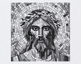 May include: A black and white mosaic-style illustration depicting a face with a beard and a crown of thorns. The artwork features a circular halo pattern composed of small rectangular segments, creating a textured, geometric appearance throughout.