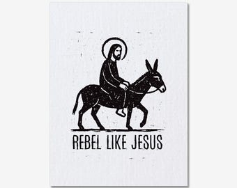 Pastor, Rebel Like Jesus Relief Print, 5x7 Black And White Block Art