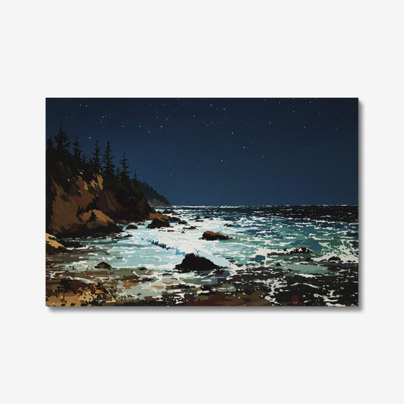 Pacific Northwest Coast at Night Seascape Artwork, Blue Ocean Wall Decor, Coastal Landscape, Nautical