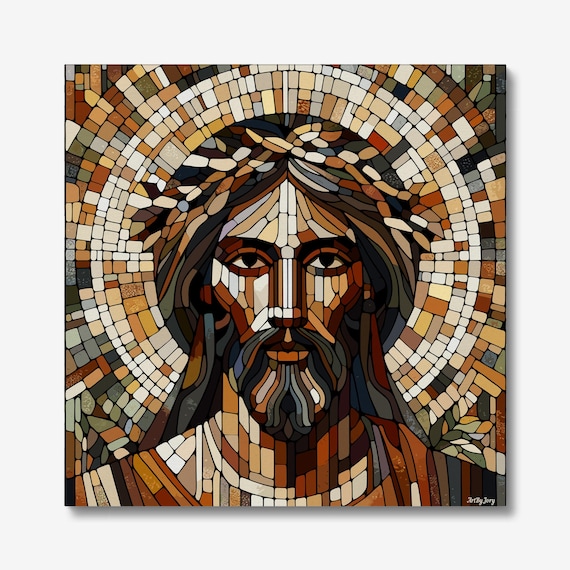 Mosaic Jesus Portrait: Earthy Christian Wall Art - Religious Icon Decor