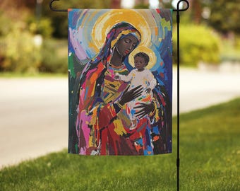 Black Madonna of Czestochowa Garden Flag, Mother Mary with Child, 12x17 inch All-weather polyester