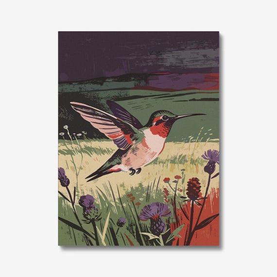 Hummingbird Wall Art Print - Busy Fluttering of Color throughout a Prairie, Expressionist Bird artwork
