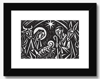 Nativity Scene, Jesus Birth Landscape Relief Print, Minimalist Holy Family Christmas Unique Wall Art