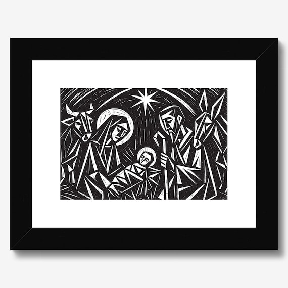 Nativity Scene, Jesus Birth Landscape Relief Print, Minimalist Holy Family Christmas Unique Wall Art