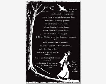 Prayer of St Francis Print, Full Peace Prayer, Woodcut Catholic Wall Art (8x12)