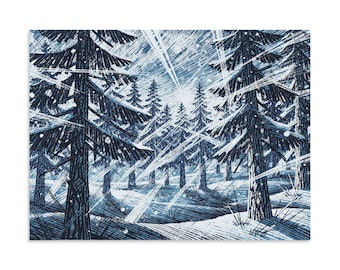 Rayonism Winter Forest Print, Indigo Pine Trees in Snow Storm (Matte Paper)