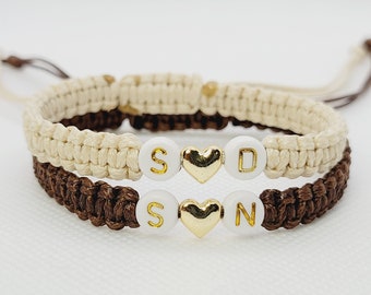 CUSTOM COUPLE INİTİAL Bracelets With Silver Gold Heart | Personalized Matching Partners Bracelets | Couples Bracelets Set | Gift for bf gf