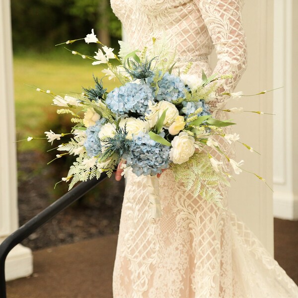 Something Blue Powder Blue Hydrangea Ranunculus Thistle Fern Brides Bouquet - Artificial Wedding Bouquet Bridal Party Faux Arrangement Set