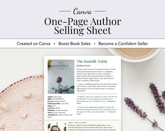 Hoja de venta de una página para escritores y autores, hoja de venta minimalista con temática luminosa, plantilla editable, hoja de venta para autores, hoja de venta de libros